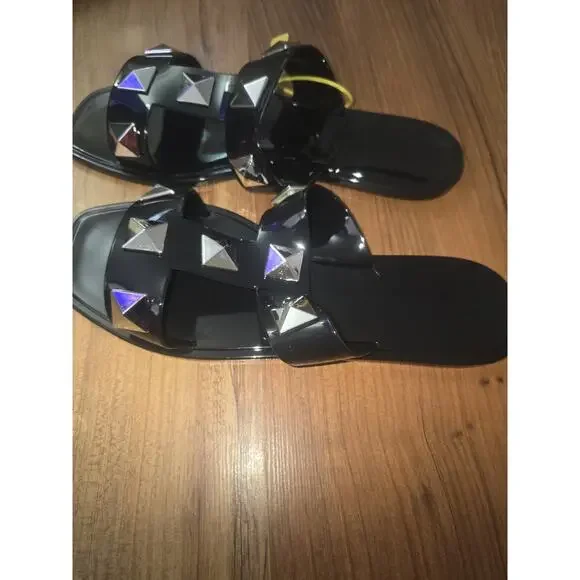 Women Flats Sandals, Studded Jelly Shoes Size 8 Red Dressy Summer Beach - Picture 3 of 5